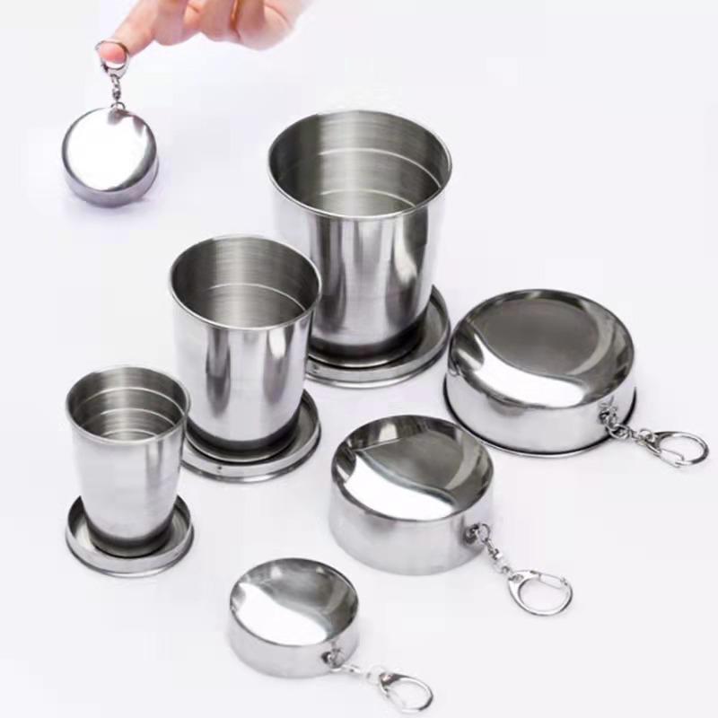 250Ml Stainless Steel Folding Cup Outdoor Travel Camping Portable Collapsible Water Cups With Keychain Retractable Teacups