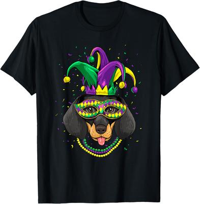 Dackel Mardi Gras Hunde Grafik T-Shirt Herren Kurzarm Baumwolle Lässiges T-Shirt