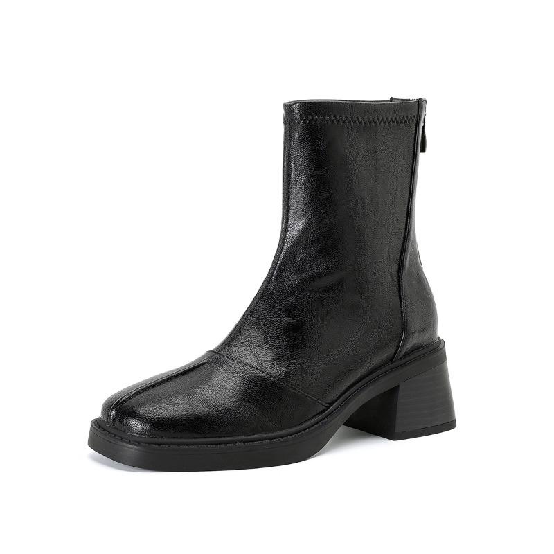 High-heeled Short Boots for Women in Autumn and Winter: Thick-heeled Short-toed Square-toed Shoes with Fleece Boots