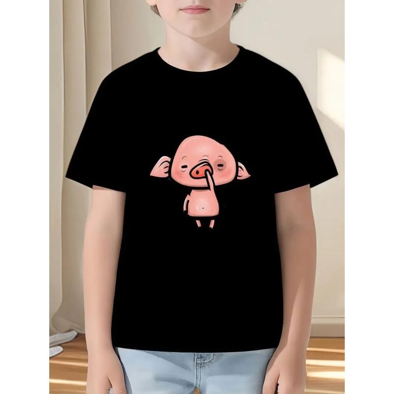

European sizes Boys Cute Pig Blowing Nose Print T-Shirt - Summer Short Sleeve Casual Round Neck Tee with Pig-Themed Graphic 164cm чорний
