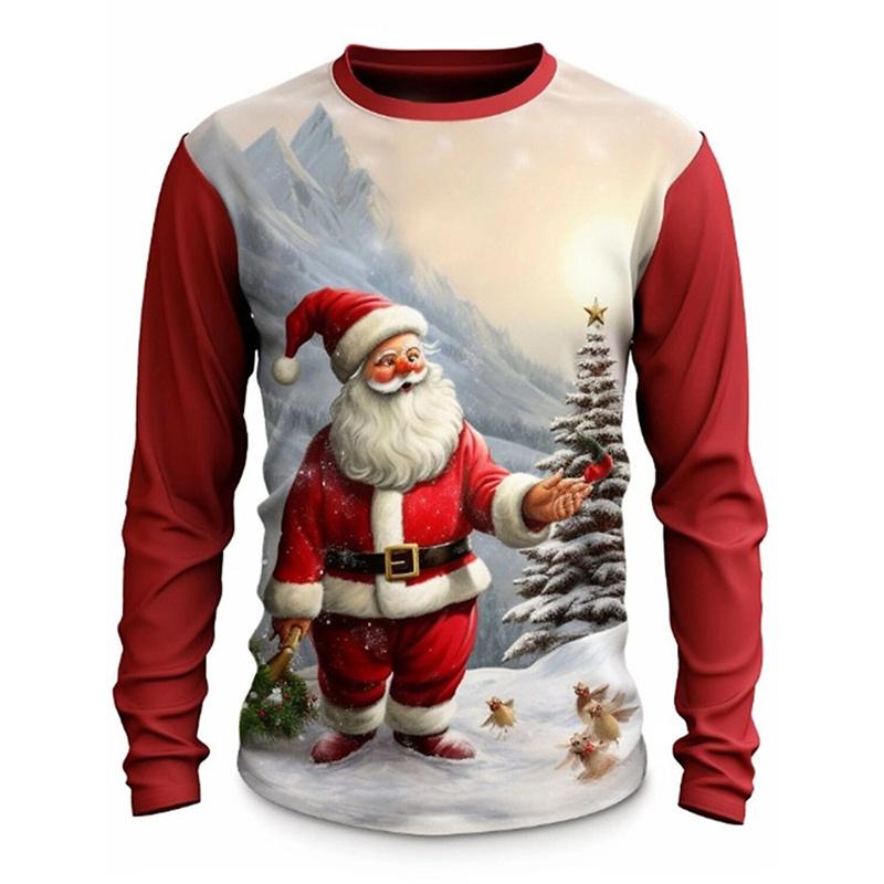 Santa Claus Pattern T-Shirt For Men Christmas Balloon 3D Printed T Shirts Autumn Casual Long Sleeves Loose Round Neck Tops Tees