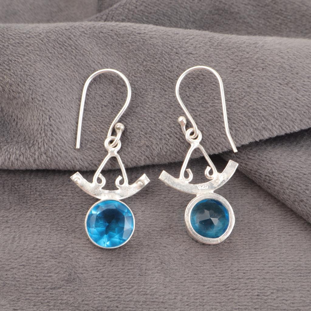 Natural Swiss Blue Topaz 925 Sterling Silver Handmade Drop/Dangle Earrings 1.63" EE-152-2