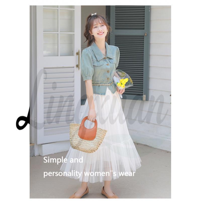 Retro Hong Kong Style Slim Fit Puff Sleeve Denim Top Medium