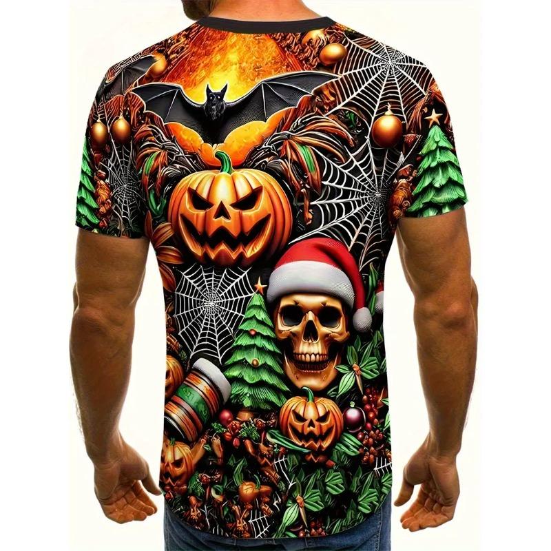 Men's Halloween Pattern Printed T-shirt Sports Short Sleeved Crew Neck T-shirt for Summer Outdoor Fitness Workout Men's Clothing