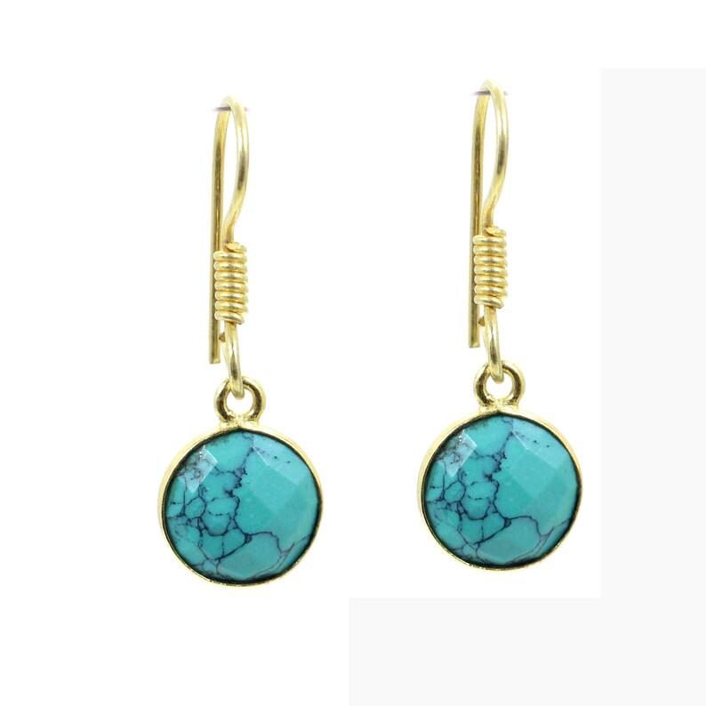 Solid 925 Sterling Silver Round Turquoise Gemstone Gold Plated Earrings Gift For Her
