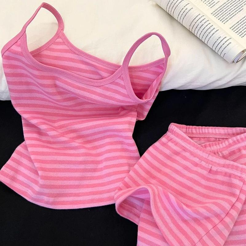 New Summer Women's Summer Outfit Dopamine Pink Striped Camisole Pajamas Sweet Shorts Homewear Set Comfortable