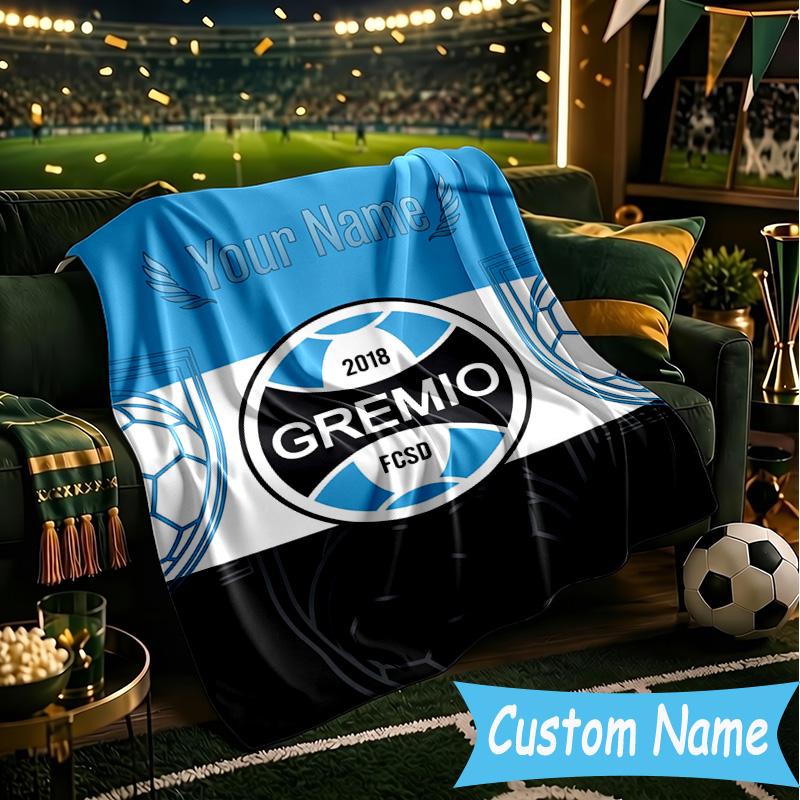 Custom Name Gremio Football Club Emblem Flannel Blanket, Use for Birthday/Holiday Gift, Soft Blanket for Sofa/Bed/Camping/Office, Home Decor