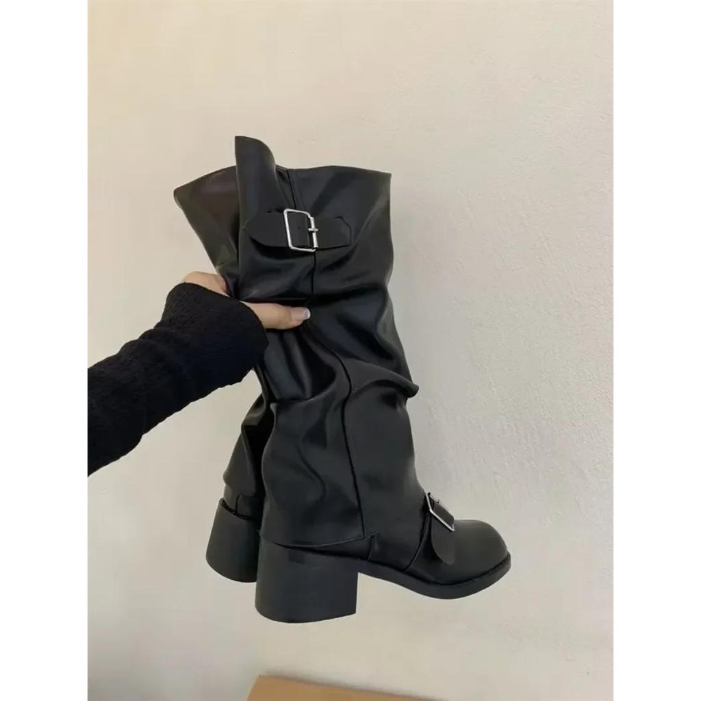 Damenstiefel Kniehoch Plateau Klobige Absätze Trend Punk Gothic New Rock Leder Mode Damenschuhe Motorradschuhe