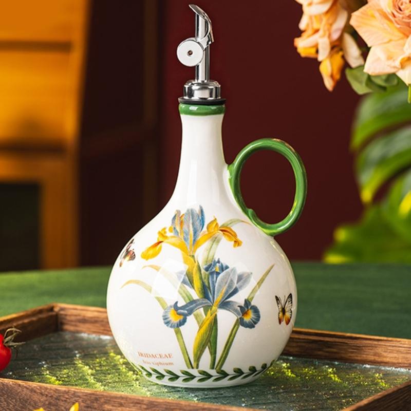 Ceramic Kitchen Oil Bottle with Easy Grip and Metal Pour Lid, Counter Dispenser for Everyday Home Cooking and Display