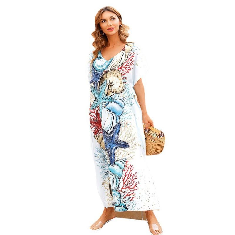 Quick Dry Starfish Print Loose Beach Cover Up Kimono Swimwear Womens Plus Size Beachwear