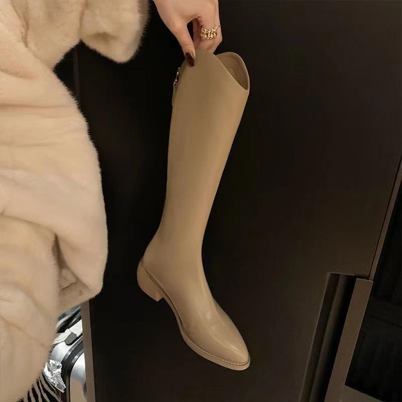 V-Mouth Pointed Toe Black Western Cowboy High Tube Knight Boots 2025