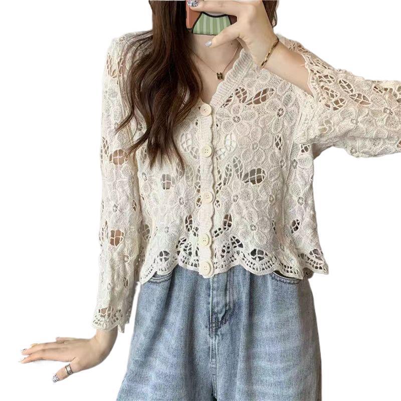 Women's Bohemian Hollow Knit Cardigan - Cotton Short-Sleeve, Lightweight for Spring/Summer