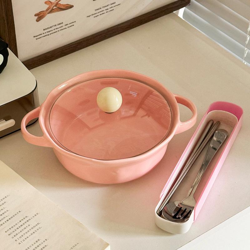 Cute high-value ceramic binaural instant noodle bowl with cover student dormitory instant noodle bowl personal special snail powder bowl