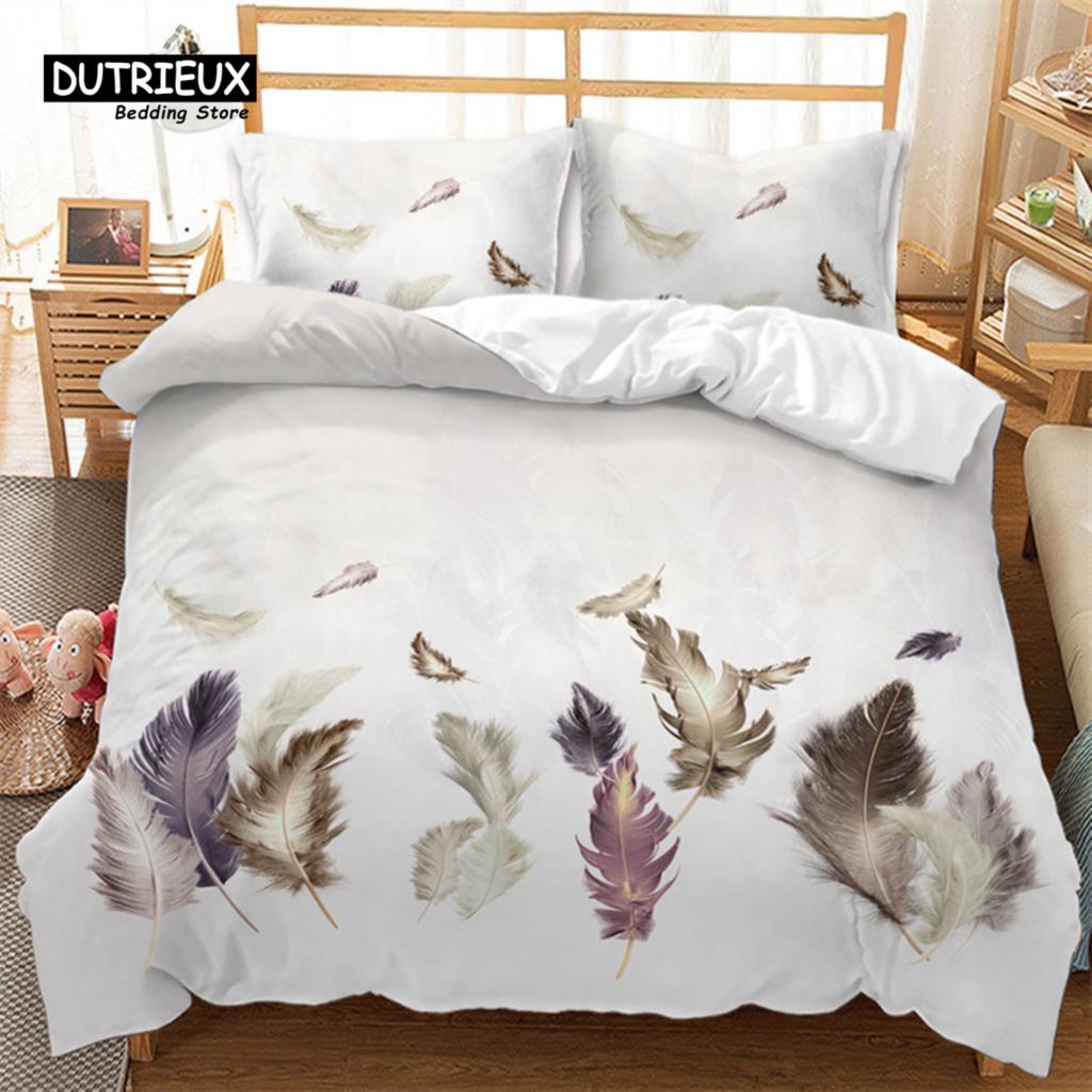 Feather Bedding Set Bohemia Style Abstract Geometric Print Duvet Cover Set Microfiber Comforter Cover King Queen For Kids Adults