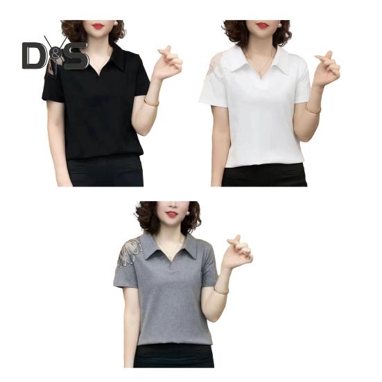 Femei topuri rever mânecă scurtă culoare solidă lejeră tricou dantela gol cu ​​mânecă scurtă pulover de vară topuri purtare zilnică