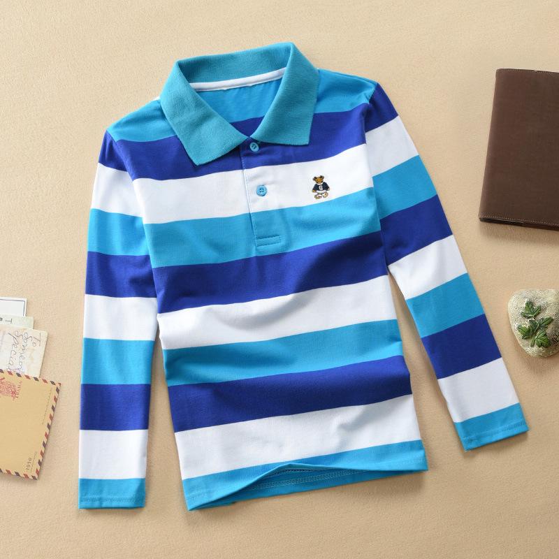 Boys' Korean Style Striped Long-Sleeve Polo Shirt with Turn-Down Collar (Sizes 100-170 cm) - Autumn & Spring Wear