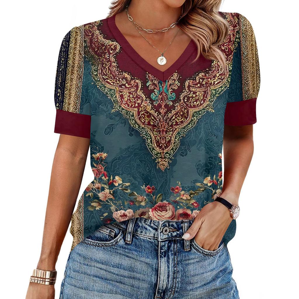 Women's Fashion Casual V- Neck Short Sleeve Print  Shirt Women's Up Tops