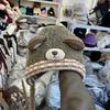 Cute Bear Plush Strap Wool Hat for Women's Autumn and Winter Thickened Warm and Cold-proof Knitted Ear Protector Lei Feng Hat