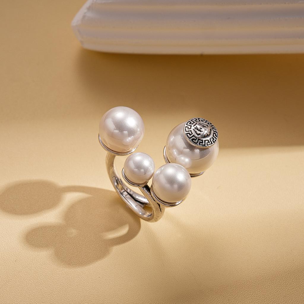 Imitation Pearl Geometric Round Open Ring Vintage Versatile Index Finger Ring Jewelry