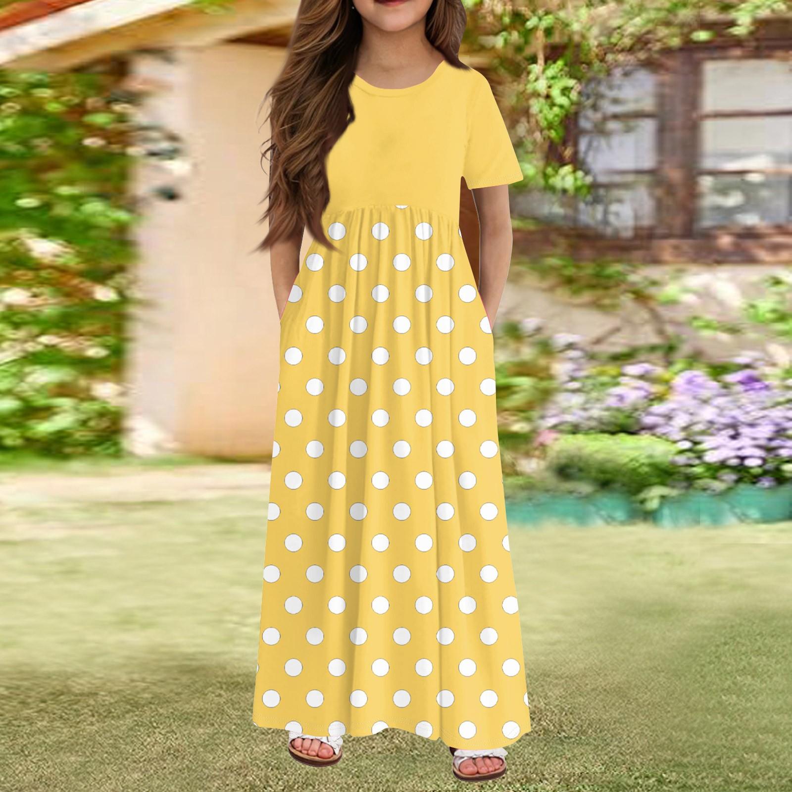 

Длинное летнее платье для девочек - платье макси с короткими рукавами и карманами для детей 4-14 лет 140 жёлтый