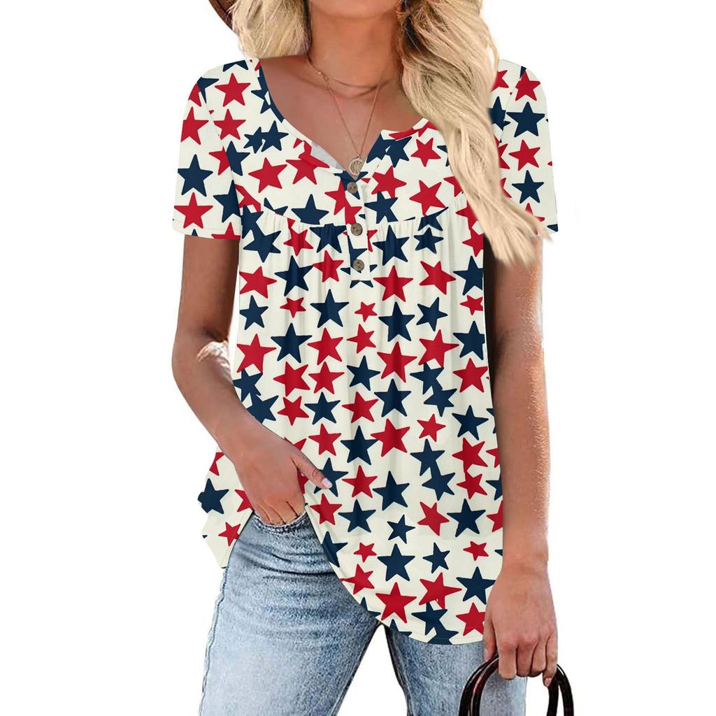 Women Tunic Tops Dressy Casual Summer Short Sleeve Shirts Loose Fit Pleated Boho Top Independence Day