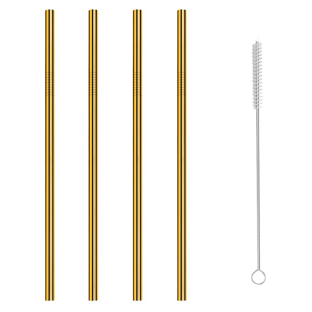 4 Straight Reusable Drinking Straws Metal Stainless Steel Eco-Friendly 10.5in, With 1 Cleaning Brush