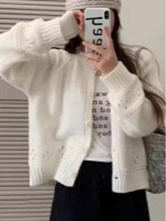 Korejský trendy volný jednoradový kabát: Dámský pletený kardigan s kulatým výstřihem a dutým vzorem podzim/zima