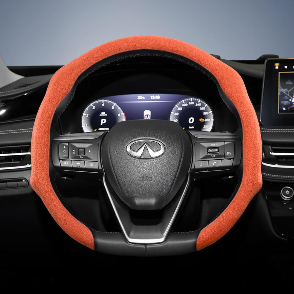 bpzsw1 Suitable for Infiniti Premium Suede Snap-On Steering Wheel Cover, Non-Slip and Durable, Available for Round and D-Shaped 