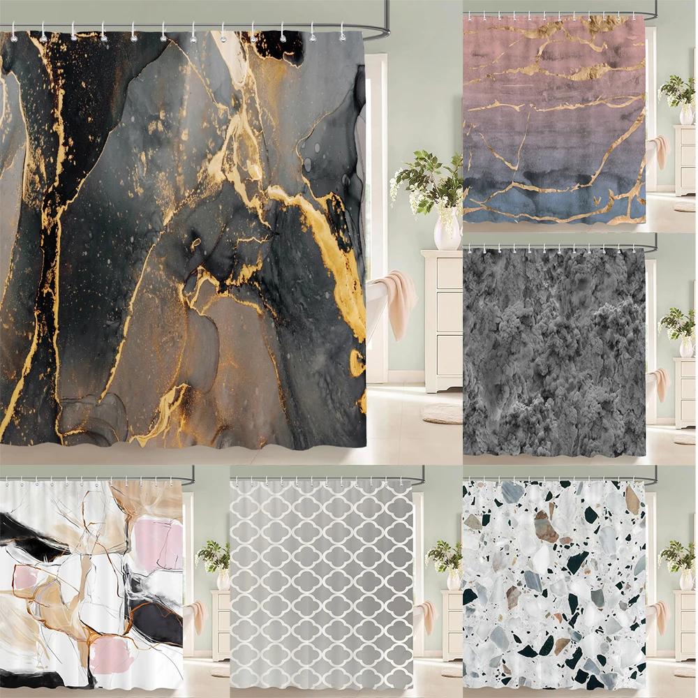 Gradient Marble Ink Texture Shower Curtain Waterproof Colorful Abstract Geometry Bath Curtain Bathroom Decor Curtain With Hooks