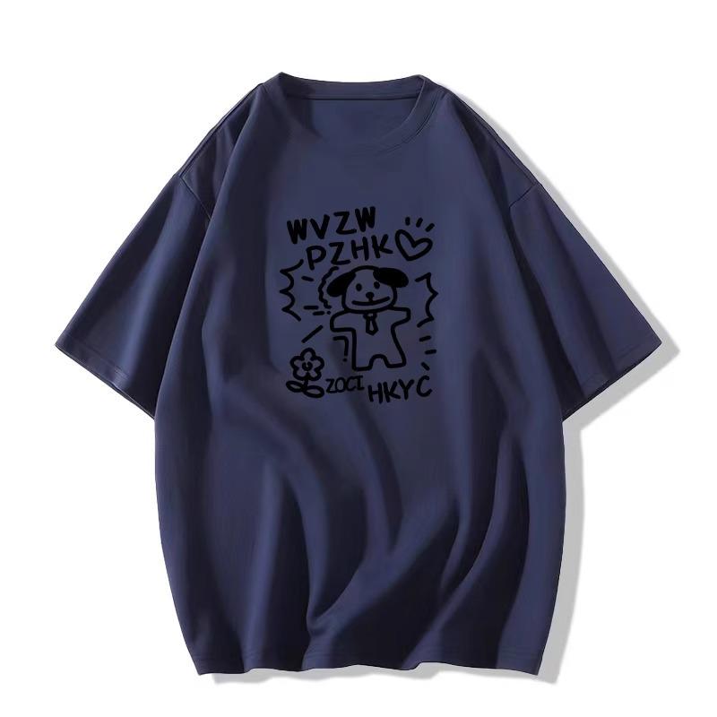 

2025 Женская свободная хлопковая футболка с рисунком из мультфильма — большой размер, короткий рукав, летний дизайн M (suggested under 100 jin) темно-синий