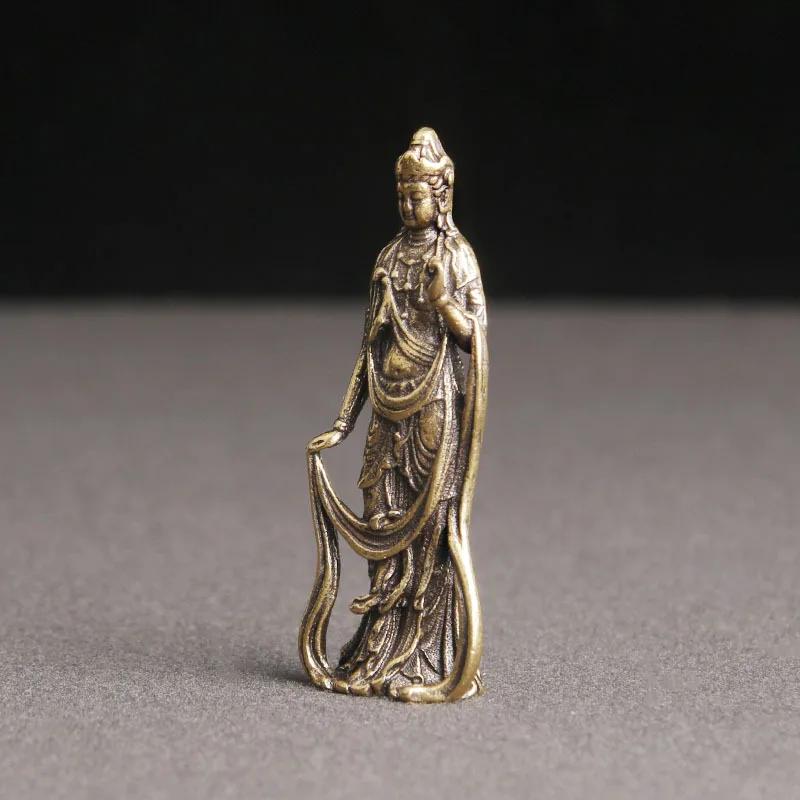 Statue de Bodhisattva Guanyin en laiton, ornements de bureau, décoration de salon, figurines de Bouddha religieuses en cuivre, accessoires d'artisanat