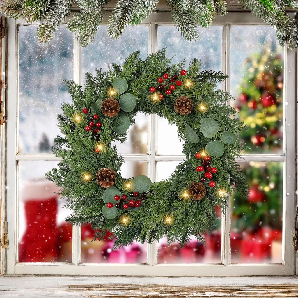 Norfolk Pine & Red Berry Cedar Cypress Wreath for Festive Door or Window Decoration