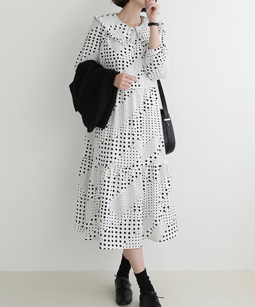 Ppaeppae Sailor Frill Collar Dot Long Dress