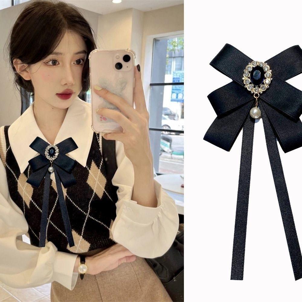 Accessory Rhinestone Women s Bow Tie Adjustable Pearl Pendant Shirt Brooch Elegant Shirts Bow Tie For Shirts чёрный