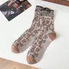 Autumn Winter Mid Calf Socks for Women Japanese Embossed Floral Cotton Socks Court Retro Ethnic Artistic Style Soft Casual Socks