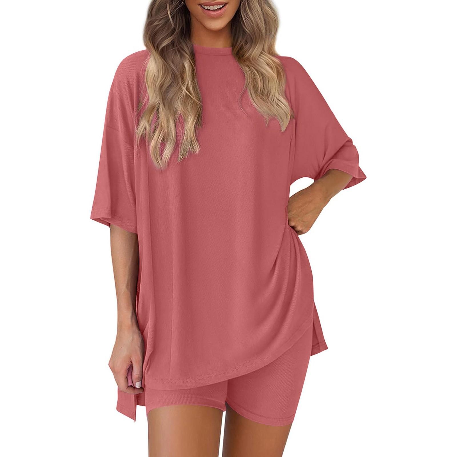 

Women s Loose Fashion Solid Color Split Round Neck Short Sleeve Top Shorts Two Piece Set XS рожевий