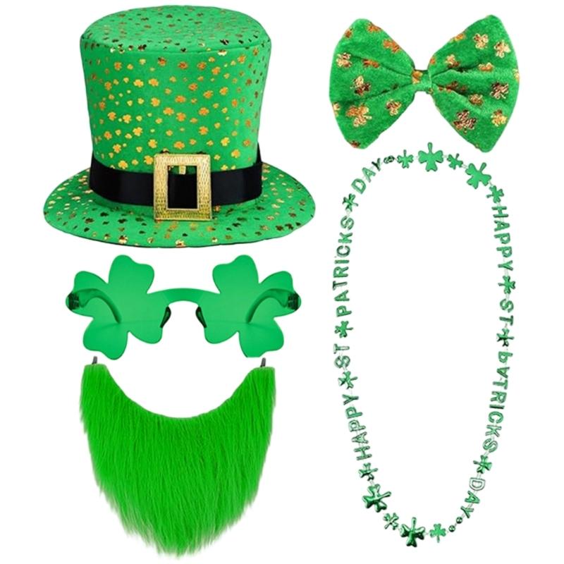 Saint Patrick Costume Set Leprechaun Hat Fakes Beard Mustache Tie Glasses for Party Costume Irish Festival Accessories
