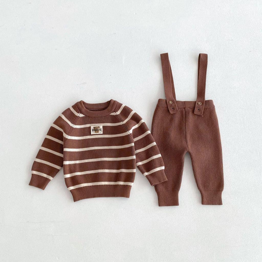 Korean Style Children's Knit Stripe Pullover and Overalls Set for Autumn/Winter