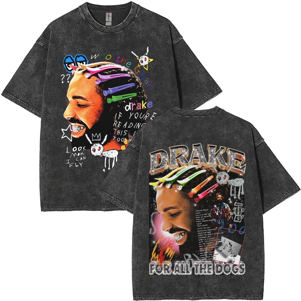 Washed Vintage Rapper Drake for All The Dogs Tshirt Men Women Hip Hop Fashion Pop Music T Shirt Cotton Short Sleeve Tshirt