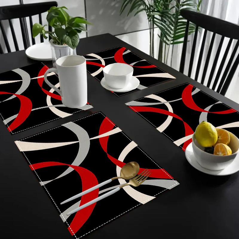 1pcs Modern Linen Placemats, Abstract Geometric Red White Line Design, Machine Washable Woven Dining Decor for Home
