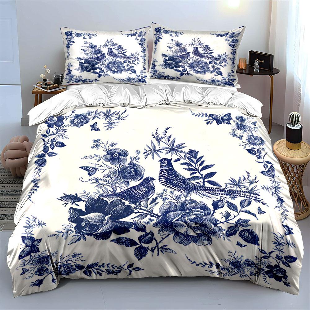 Blue Floral Birds Pattern Bedding Duvet Cover Set Duvet Cover Pillowcases (1*Duvet Cover 2*Pillowcases, Without Duvet Insert)