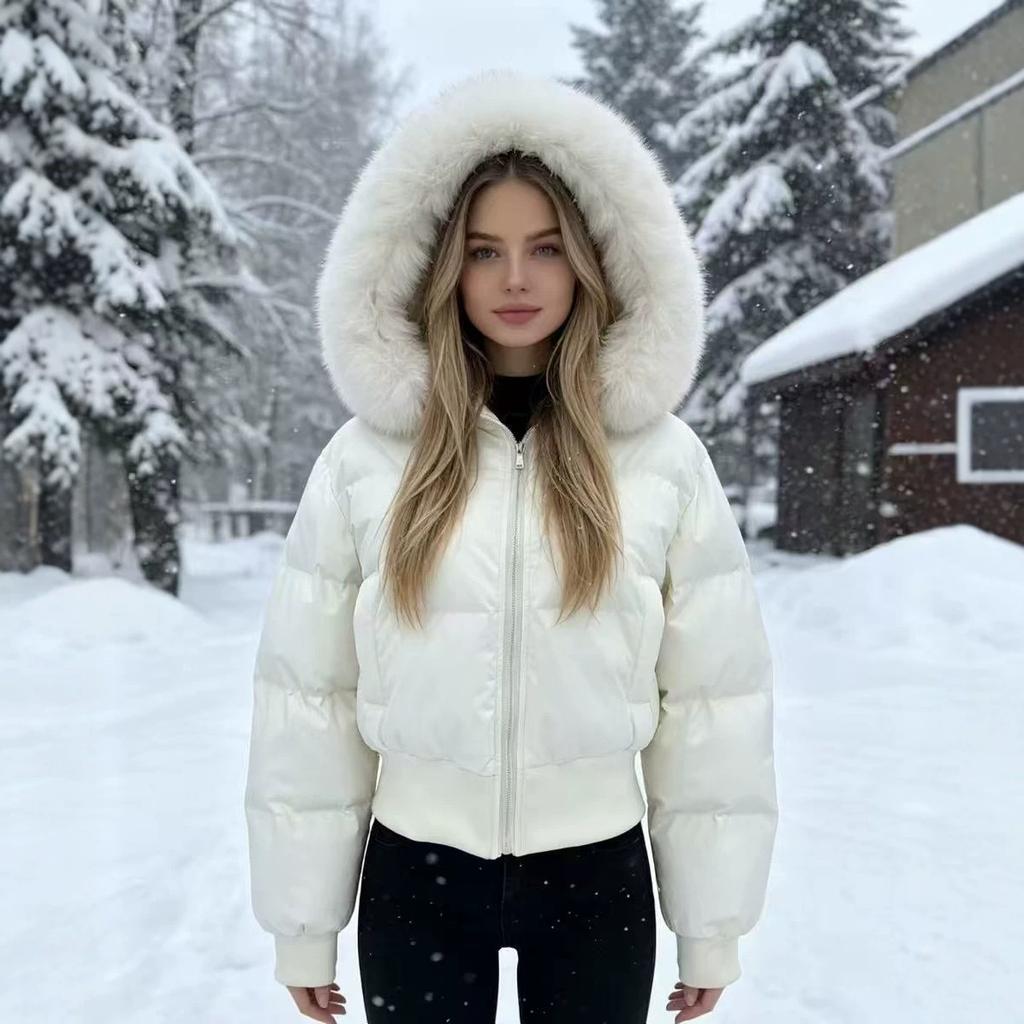 American retro big fur collar hooded waist short cotton clothes women's winter thickened warm jacket bread clothes