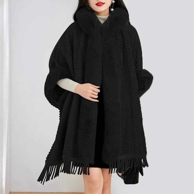 Fashion Soft Plush Faux Fur Cape Coat Hood Women Winter Thicken Fleece Outerwear Long Loose Cardigan Cloak Wraps