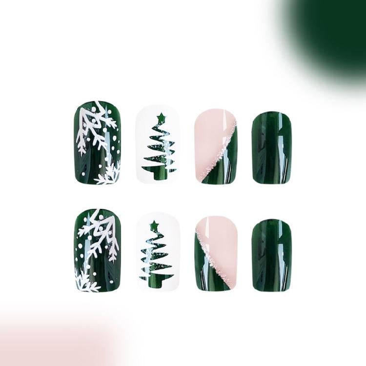 48 Pcs Winter Press On Nails Short Square Artificial Nails Snowflak Full Cover Stick on Nails Christmas False Nails