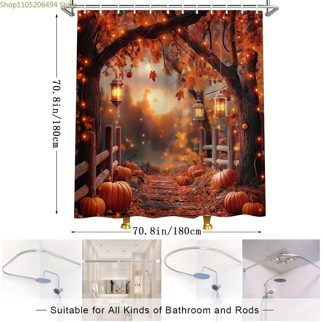 Autumn Pumpkin Maple Leaf Bath Curtain - Rustic Countryside Scene with Hanging Lanterns, 100% Polyester Machine Washable Showe