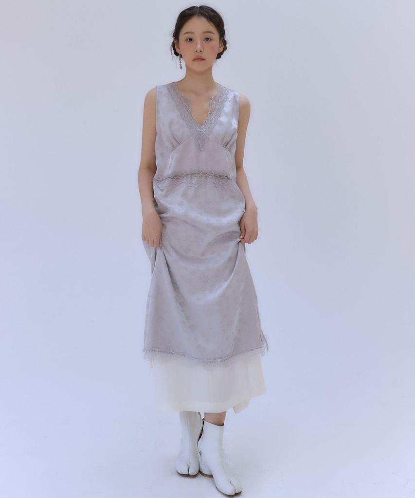 Auro Satin Lace Layered Slip Dress [ Pale Gray ]