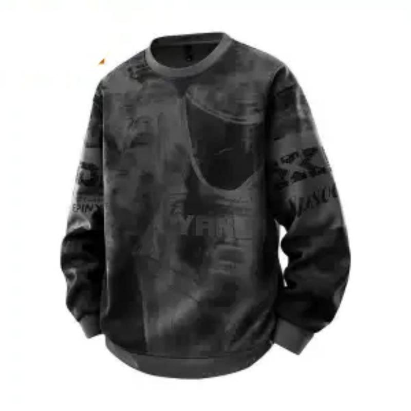 

Трендовый свитшот большого размера свободного кроя с принтом для мужчин, длинные рукава, рубчик, новый круглый вырез, молодежные топы, тренд M темно-серого