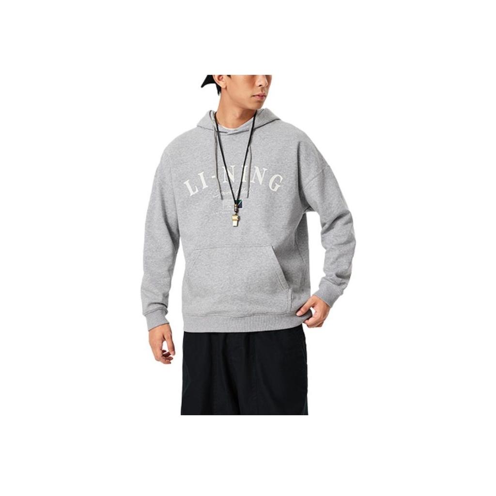 Li Ning Sports Lifestyle Series Letter Loose Hooded Warm Fleece Pullover Long Sleeve Sweatshirt Men sweatshirt Gray AWDU673-1