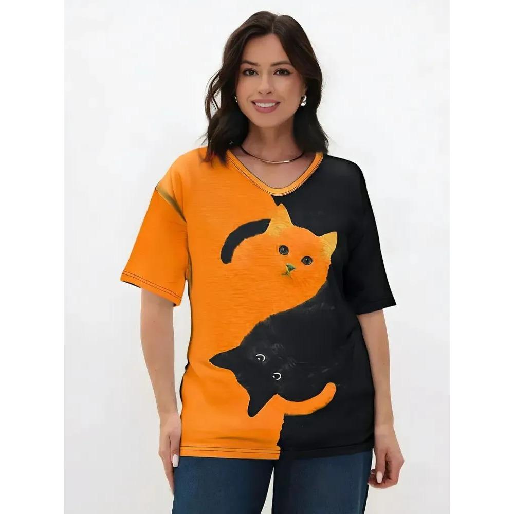 Summer V-neck Cute Cat Pattern 3D Printed Top Fashionable Casual Short Sleeved Women's T-shirts