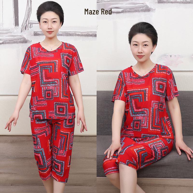 Summer Ice Silk Casual Suit for Elderly Women: Short Sleeve Fashion Outfit for Mothers and Grandmothers